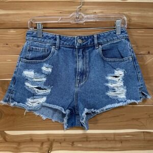 Pacsun High Rise Festival Denim Jean Shorts‎ Distressed Ripped Blue Womens sz 27